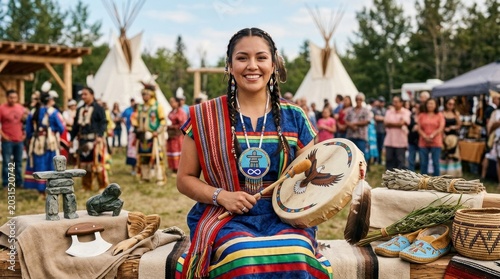 Woman wearing traditional indigenous attire, celebrating national indigenous peoples day, canada, presenting a ceremonial drum, smiling during an outdoor cultural gathering, june 21.