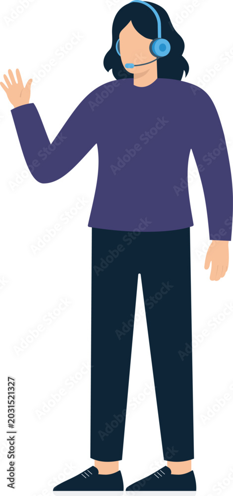 Fototapeta premium Customer service representative wearing blue headset waving hand. Flat design business communication support agent. Online help desk worker standing.