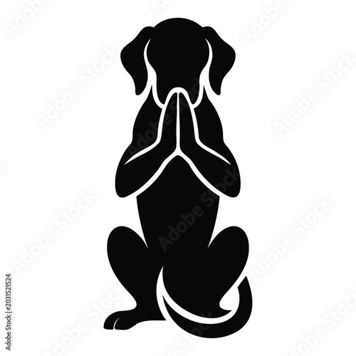 Dog silhouette sitting with paws crossed in a devotional or obedient pose, vector, vector art