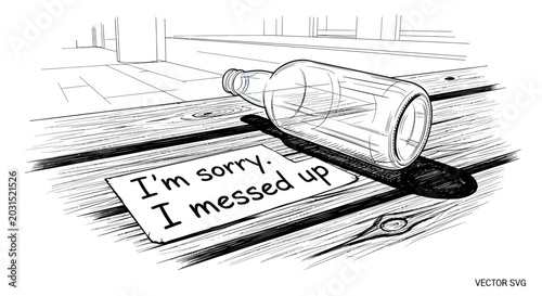 Cuadro en lienzo Empty bottle and apology note on wooden table, regret, mistake, vector illustrat