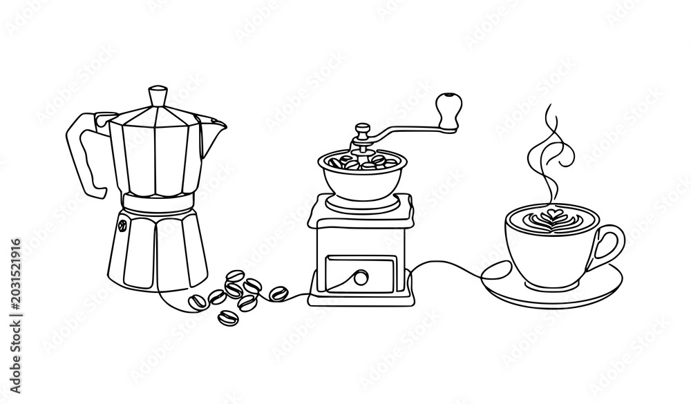 Obraz premium Minimal Continuous Line Art Italian Coffee Set with Moka Pot Grinder and Latte Cup Vector Design