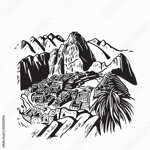 Machu Picchu Ancient Inca City Vector Illustration On White Background