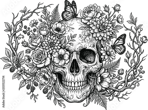 Bild auf Leinwand Vintage anatomical human skull with blooming flowers and butterflies, black and