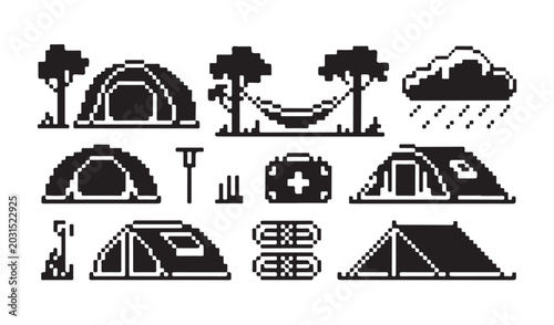 Foto Camping equipment and outdoor activity pixel art icons for adventure gear design layouts