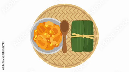 Traditional food with stew and leaf wrap on woven tray