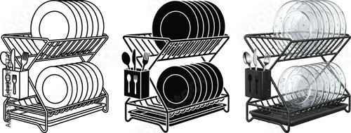 Fotografía Collection of two-tier dish drying racks with plates and cutlery a versatile vec