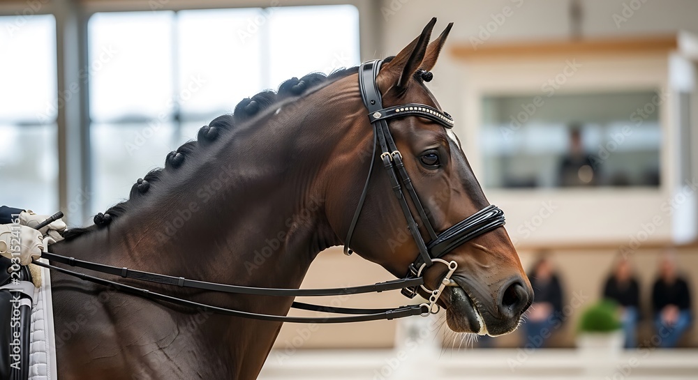 Obraz premium Elegant horse in equestrian bridle focused portrait with braided mane