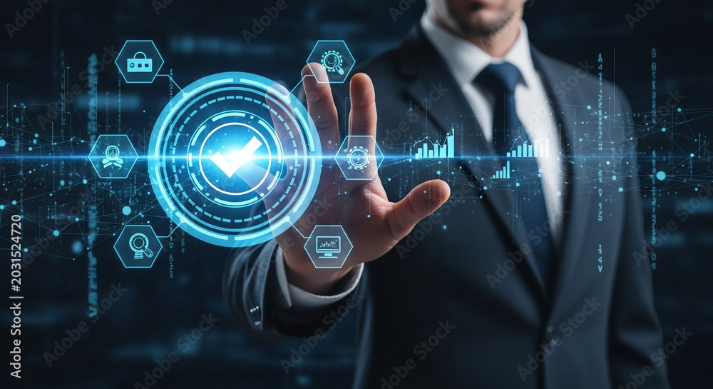 Fototapeta premium Businessman activates futuristic digital interface with a checkmark, symbolizing data security