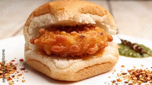 Appetizing vada pav indian burger served with spicy chutney on a white plate in a bright close-up.