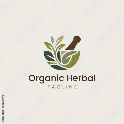 Organic herbal medicine mortar and pestle logo vector template