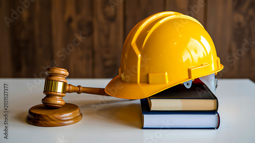 Judge gavel and yellow safety helmet on books labor law concept