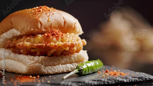 Spicy mumbai vada pav served on a dark slate with green chili, warm cinematic food photography.