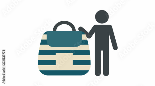Person standing next to large striped travel bag