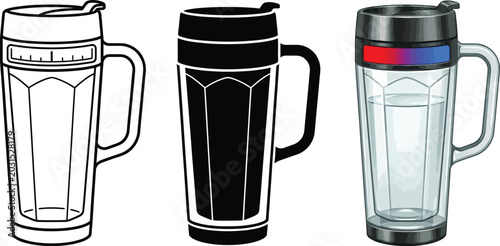 Fotografie Collection of insulated travel mug vector illustrations showcasing outline silho