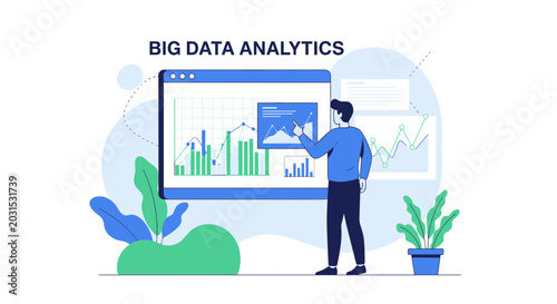 Big Data Analytics: Male Analyst Reviews Growth Charts on Screen