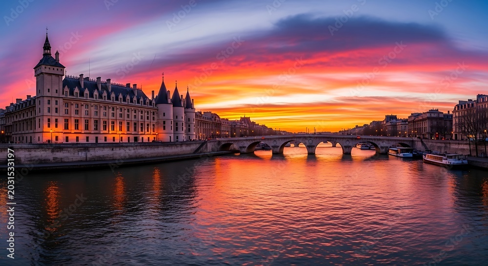 Fototapeta premium Evening cityscape with water reflections and vibrant sunset colors