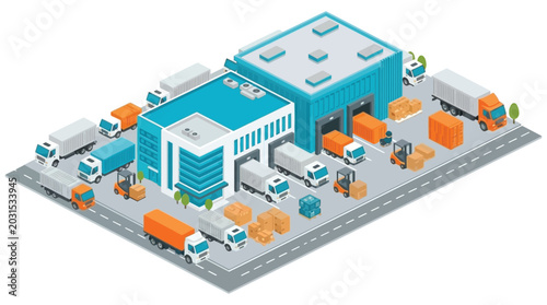 Obraz na płótnie Isometric warehouse district with delivery trucks and forklifts