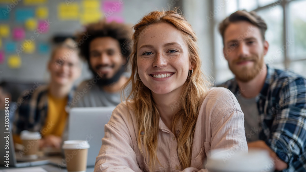 Obraz premium Creative team collaborates around a table while brainstorming ideas in a bright room with a large window and various notes on the wall