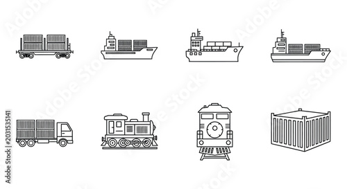 Tableau sur toile Line drawing icons of cargo ships trains and freight transport