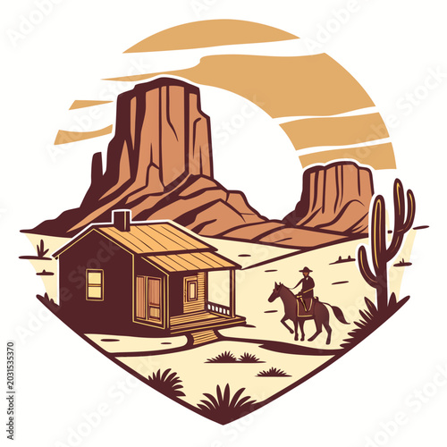Foto Lone cowboy rides horse past desert ranch and monument valley buttes