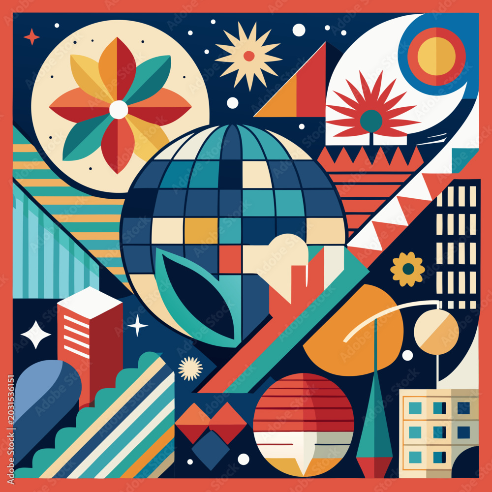 Obraz premium Modern Geometric Abstract Art with Globe and City Elements
