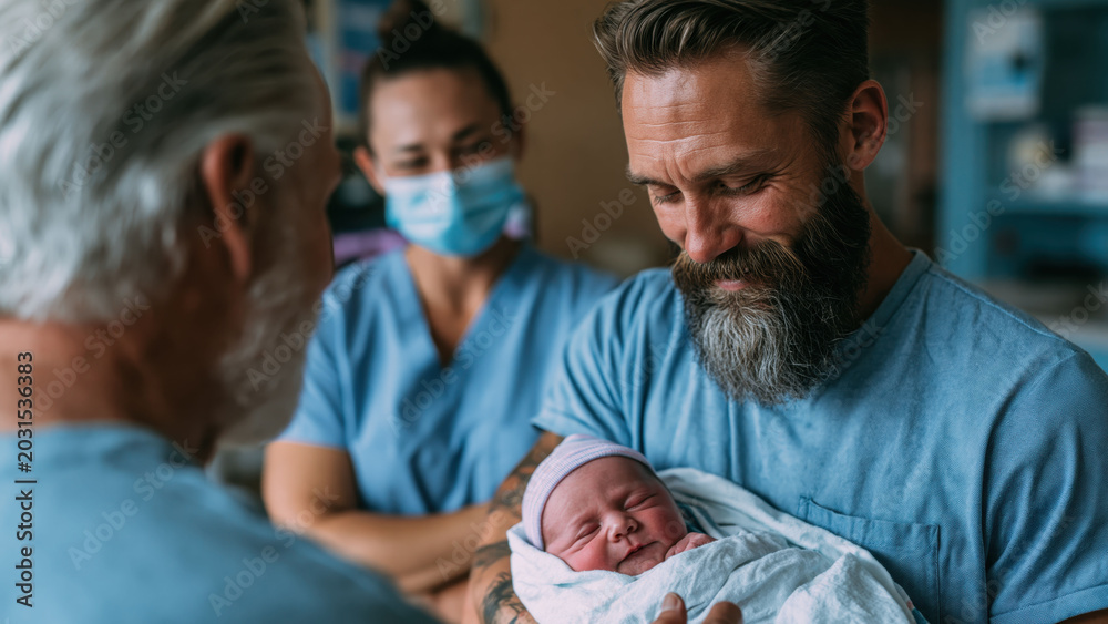 Obraz premium Nurse teaching new father how to swaddle baby in hospital during daytime with focus on bonding experience and care