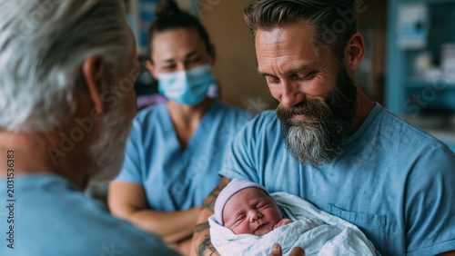 Nurse teaching new father how to swaddle baby in hospital during daytime with focus on bonding experience and care