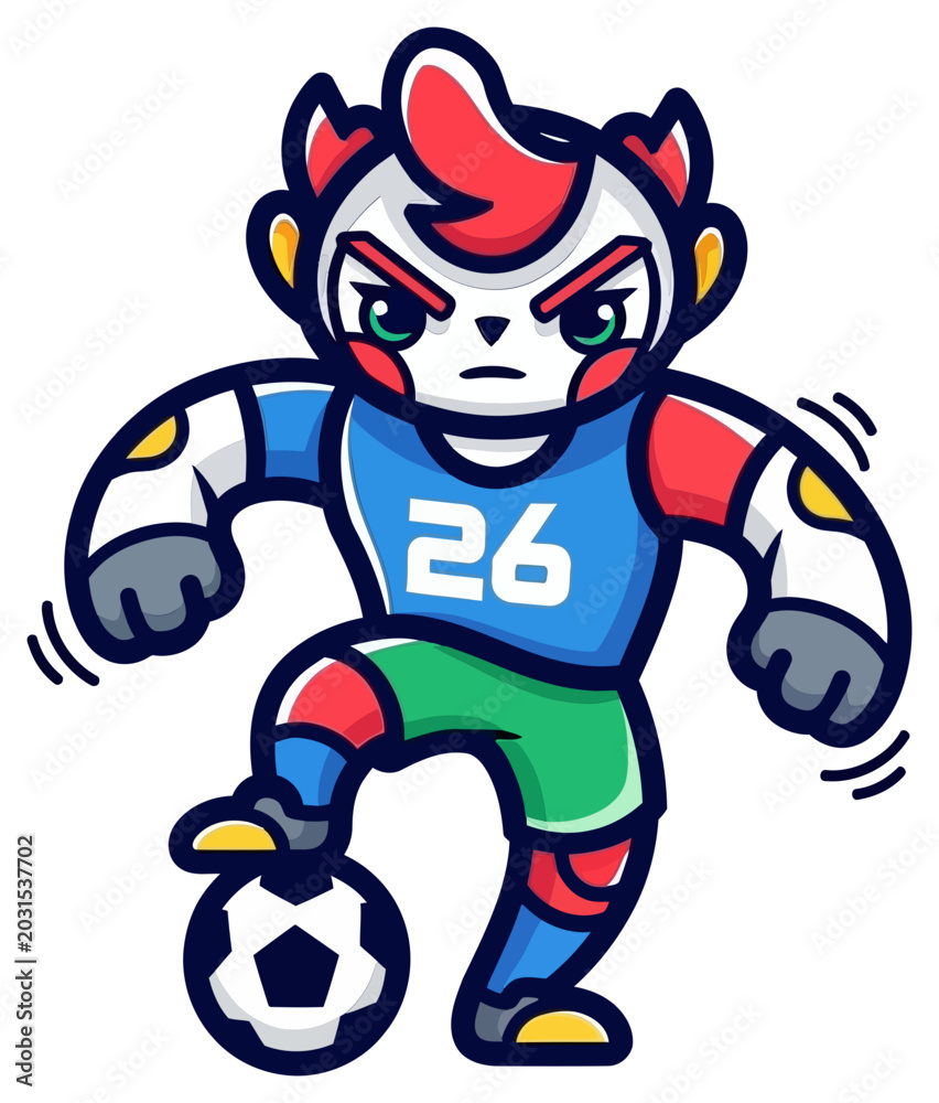 Obraz premium Cartoon football mascot character dribbling a soccer ball
