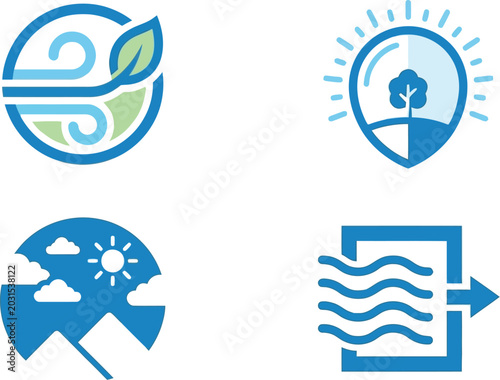 Environmental icons depict natural elements and climate concepts used for energy awareness and ecological infographics.