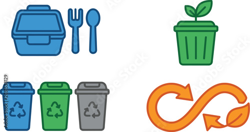 Sustainability icons illustrate circular economy practices and waste reduction strategies for businesses and households.