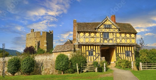 The half-timbered gate house of the finest existing fortified medieval manor house in England built in the 1280s, Stokesay Castle, Shropshire, England, United Kingdom