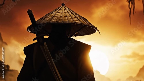 silhouette of a warrior carrying a long sword and wearing a woven bamboo hat	
