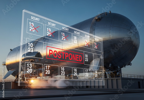 Futuristic Space Rocket on Launchpad with Digital Calendar Showing Postponed Mission and Launch Delay