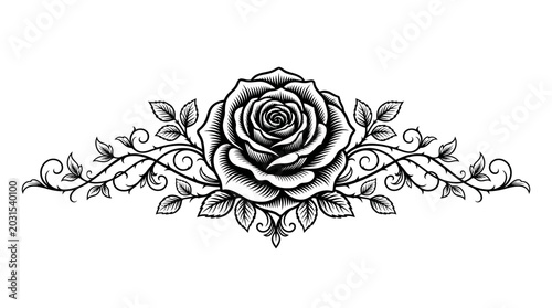 Quadro su tela Black and white rose with thorny vines and leaves border design