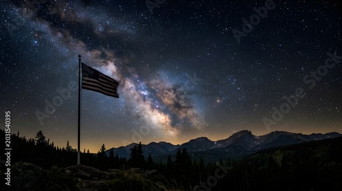 American flag waving under starry night sky with mountains
