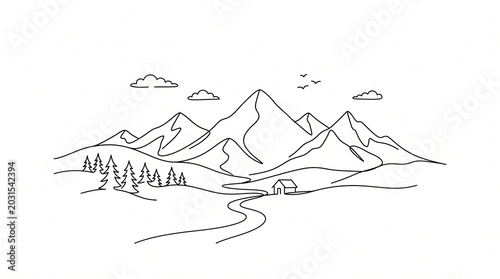 Minimalist line art illustration of a serene mountain landscape featuring a small cabin, winding river, and pine trees under a cloudy sky.