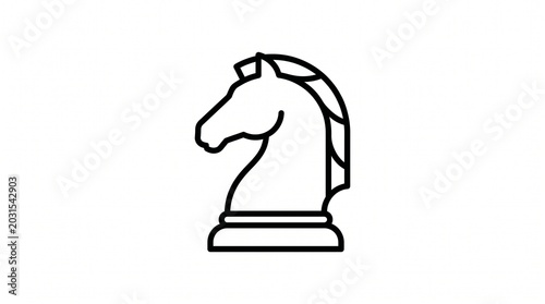 Minimalist black outline illustration of a classic chess knight piece on a clean white background.