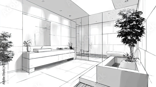 Modern interior design sketch depicts a luxurious, minimalist bathroom space with natural elements