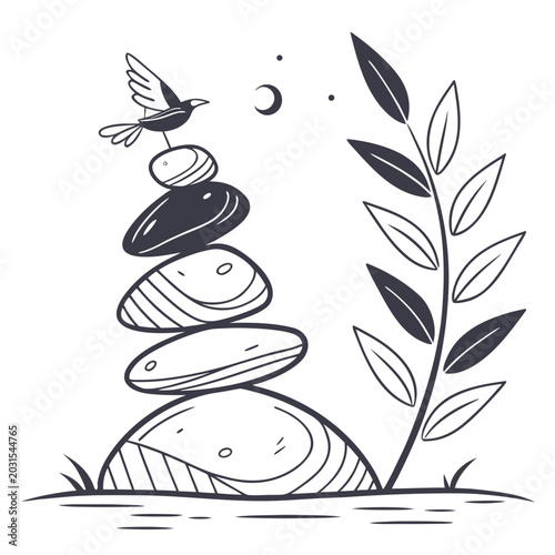 Photography Zen stacked stones with bird moon plant illustration, composition evokes