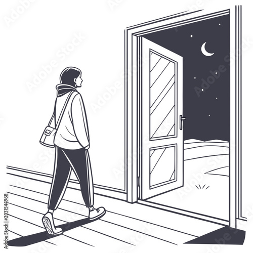 Person walking through an open door into a starry night landscape with landscape