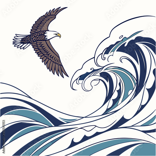 Tablou pe pânză Eagle flying over stylized ocean waves with an eagle soars through the air