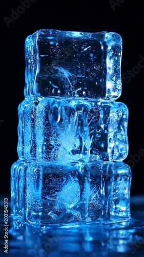 Melting translucent ice blocks illuminated by internal blue glow