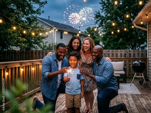 Diverse family celebrating with sparkler and fireworks in a backyard