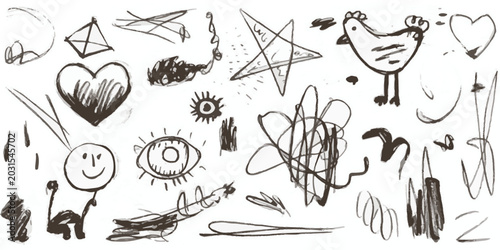 Childish scribbled drawings and doodles on white background