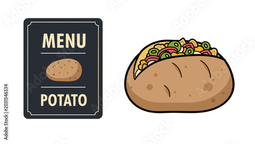 Potato Menu Sign and Baked Potato with Toppings Vector Illustration for Restaurant Design and Food Marketing