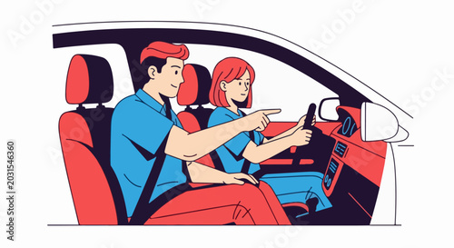 A man teaches a woman to drive a car, pointing at the road ahead