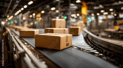 Automated warehouse conveyor belt transporting cardboard boxes with blurred background lighting