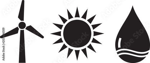 Renewable energy wind turbine, sun and water drop set msea set