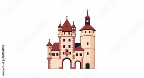 A pixel art representation of a medieval castle gatehouse with multiple towers