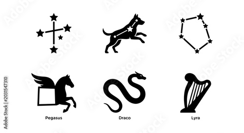 Obraz na płótnie Celestial constellation icons, black zodiac star symbols, 6 vector elements